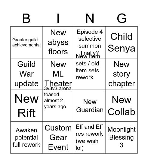 Epic Seven Merurin 03/22/24 Bingo Card