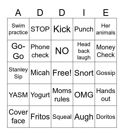 Addie Bingo Board Bingo Card