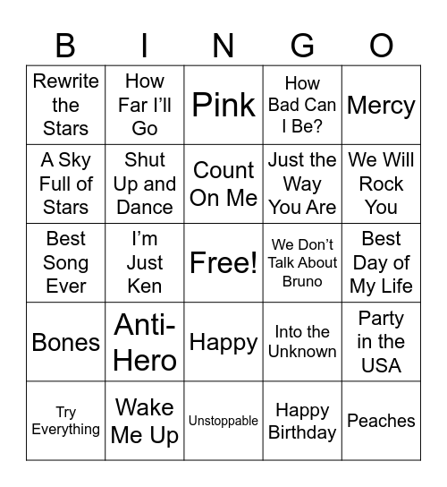 Name that Tune Bingo Card