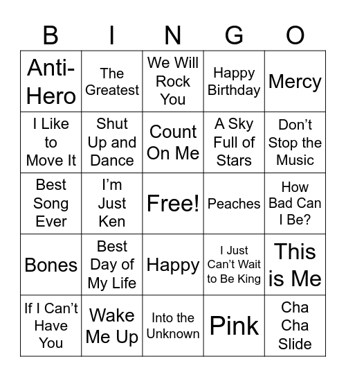 Name That Tune! Bingo Card