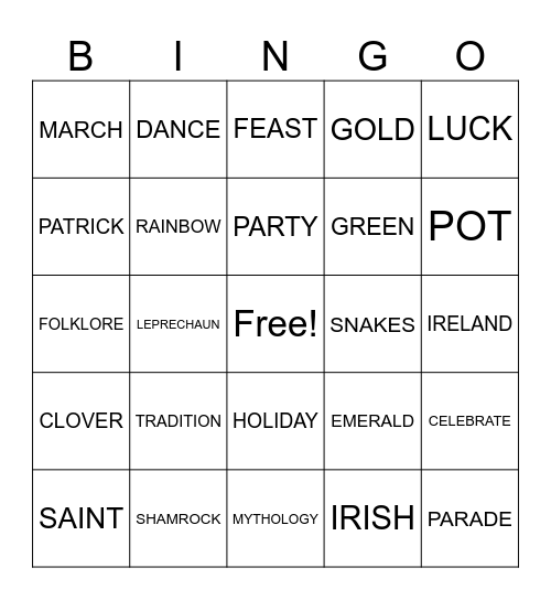 St Patrick's Day Bingo Card