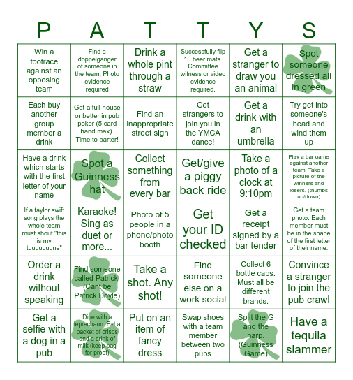St Patricks Day Crawl Bingo Card
