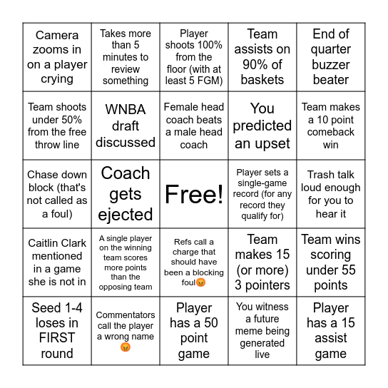 March Madness Bingo (WBB) First 2 Rounds Bingo Card