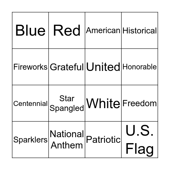 Fourth of July Bingo Card