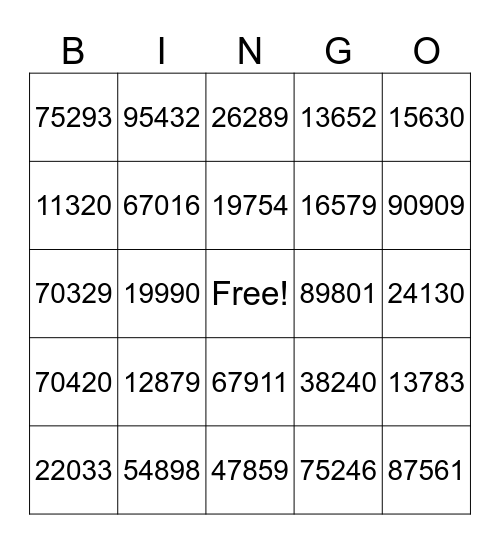 Big Number Bingo Card