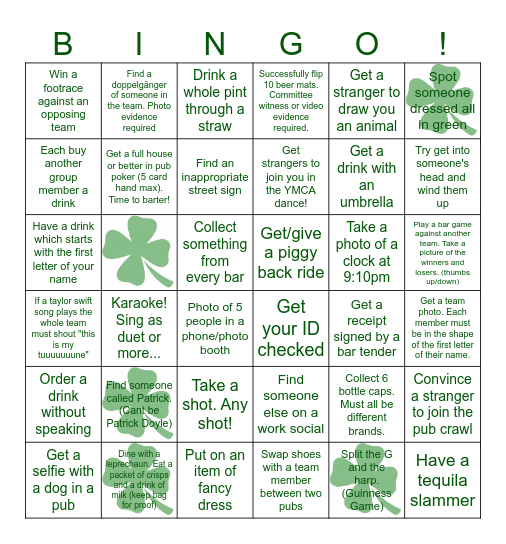 St Patricks Day Crawl Bingo Card
