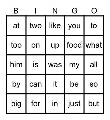 Sight Words Bingo Card