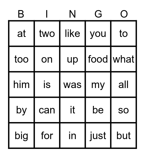 Sight Words Bingo Card