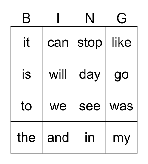 Sight Word Bingo  Bingo Card