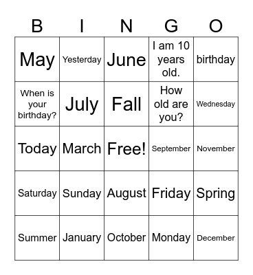 Days, Months, Birthday & Age Bingo Card