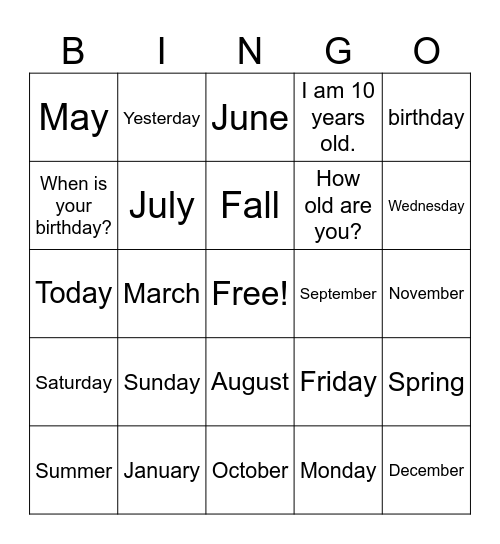 Days, Months, Birthday & Age Bingo Card