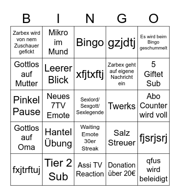 Zarbex Stream Bingo Card