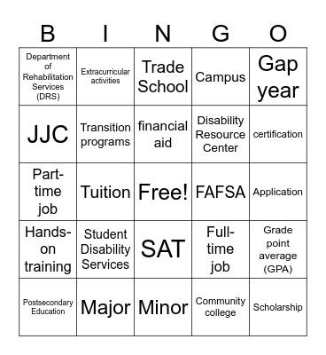 Postsecondary Options Bingo Card