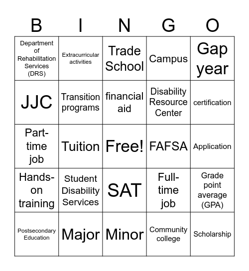 Postsecondary Options Bingo Card