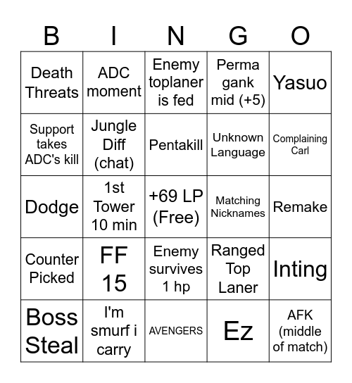 League with frends Bingo Card