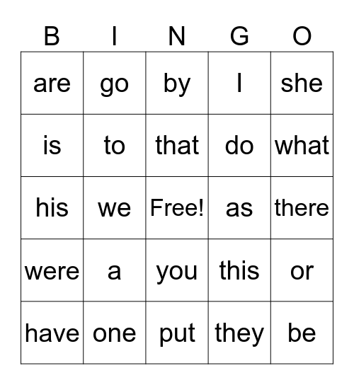 irregular words Kindergarten Bingo Card