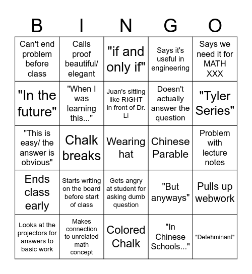 Dr. Li Bingo Card