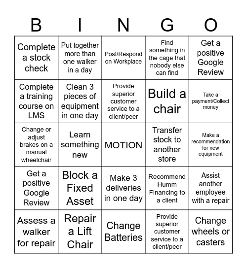 Service/Warehouse Bingo Card