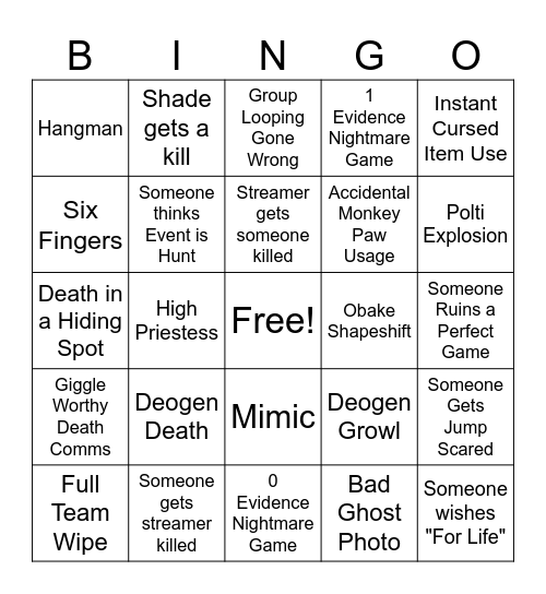 Phasmo Viewer Games Bingo Card