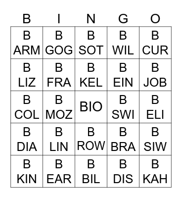 Biography Bingo Card