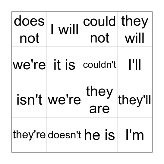 Contractions Bingo Card