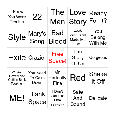 New Taylor Swift Bingo Card