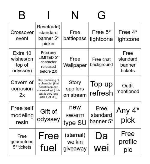 2.1 star rail livestream bingo Card