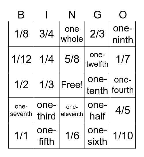 Fraction Bingo Card