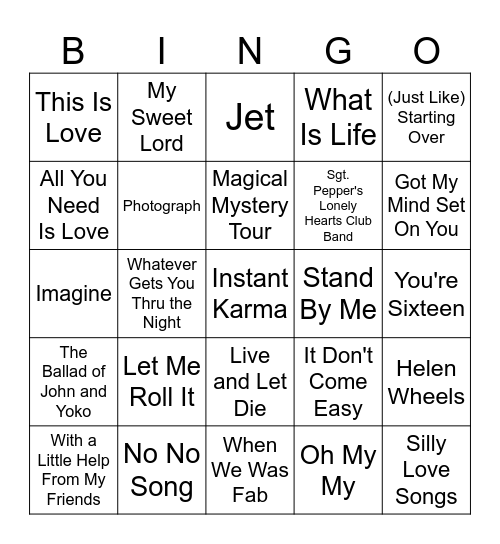 The Beatles and Beyond Bingo Card