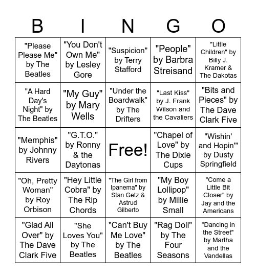 Top 60 Songs of 1964 Bingo Card