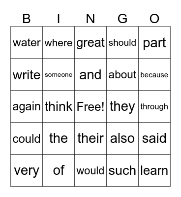Sight Words Bingo Card