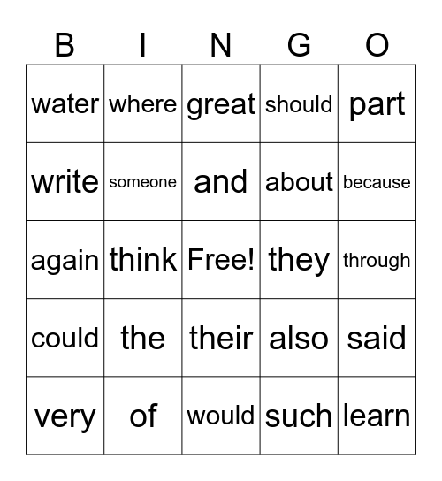 Sight Words Bingo Card