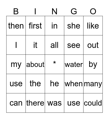 Sight Words Bingo Card