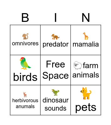 Animals and birds dinosaur reptiles sounds bingo Card