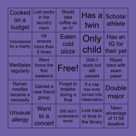 Typical college student Bingo Card