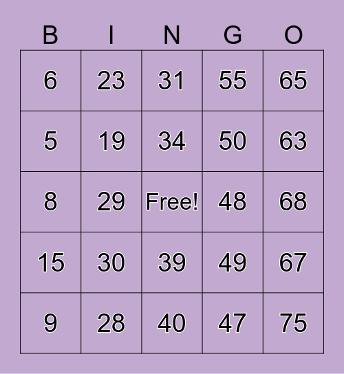 Number Bingo Card