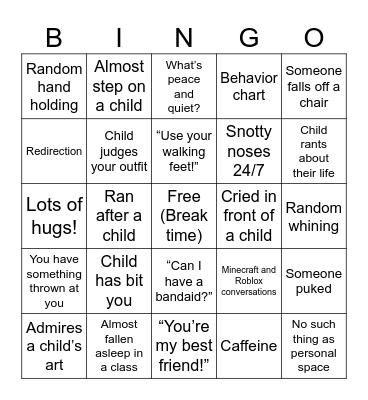 Working With Little Kids Bingo Card