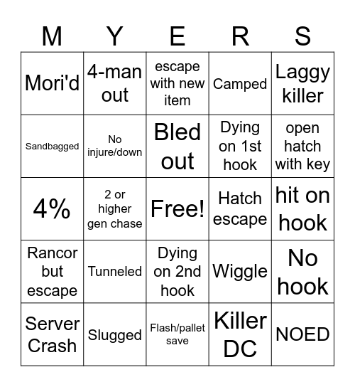 Dead by Daylight Bingo Card