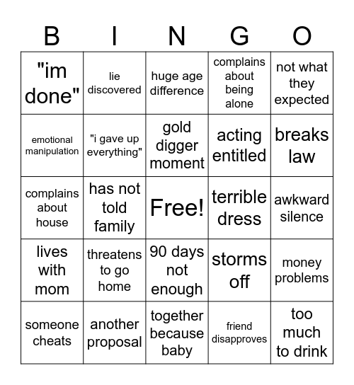 90 Day Fiancé Bingo Card