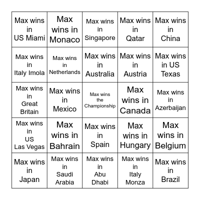 Max Verstappen Wins Bingo Card