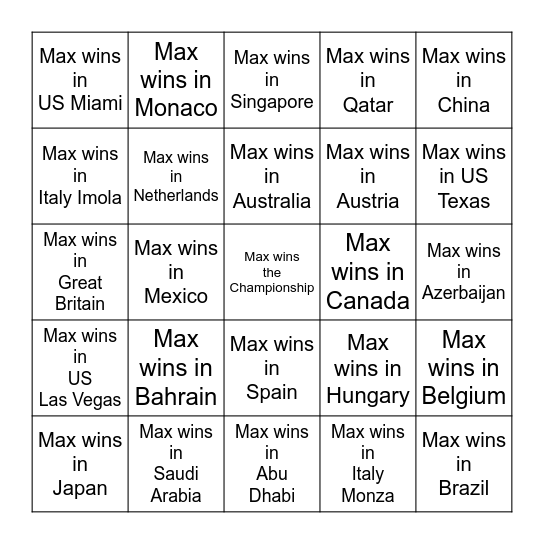 Max Verstappen Wins Bingo Card