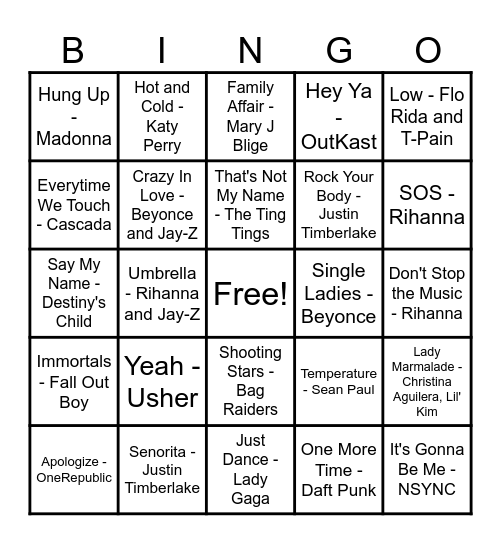 Music Bingo 2000's Round #1 Bingo Card