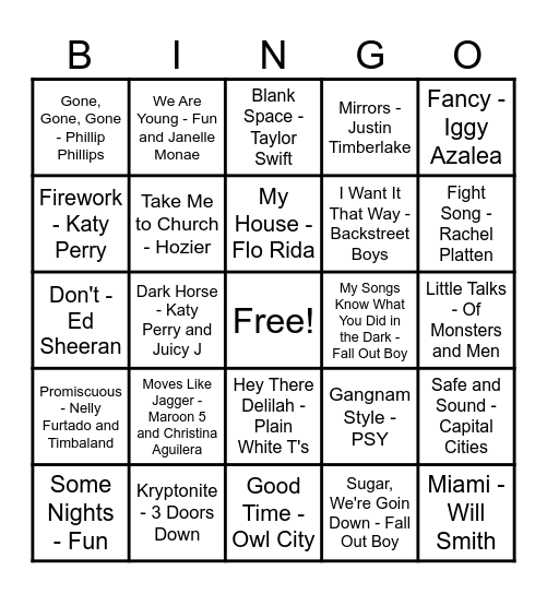 Music Bingo 2000's Round #2 Bingo Card