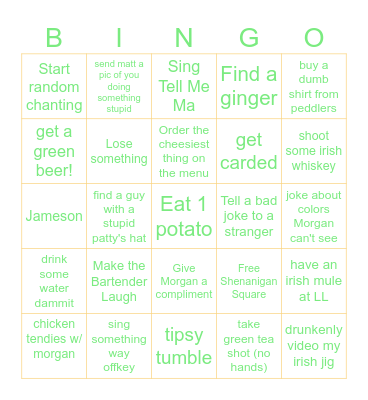 St Patrick's Day Pub Crawl Bingo Card