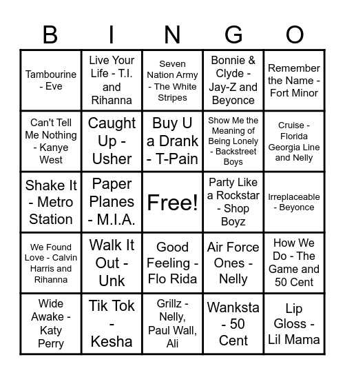 Music Bingo 2000's Round #4 Bingo Card