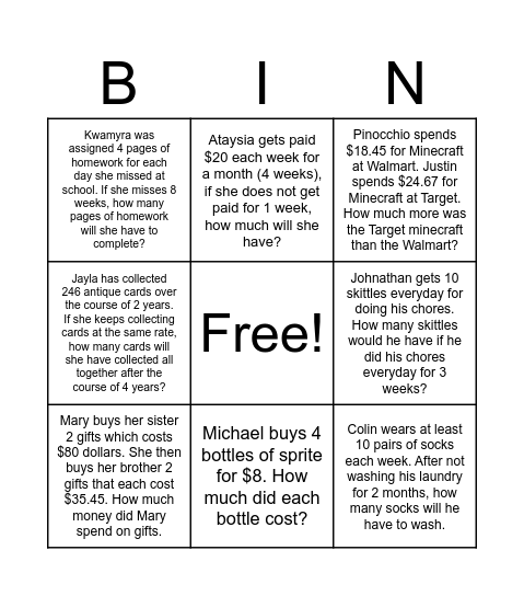 Word Problems Bingo Card