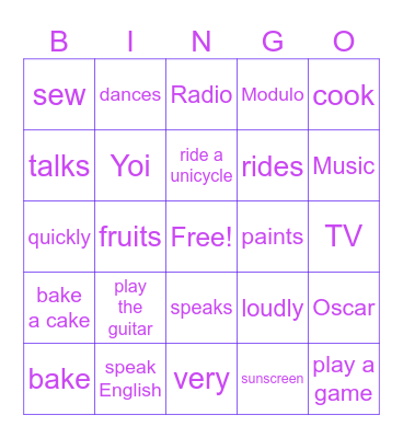 Activities Bingo Card