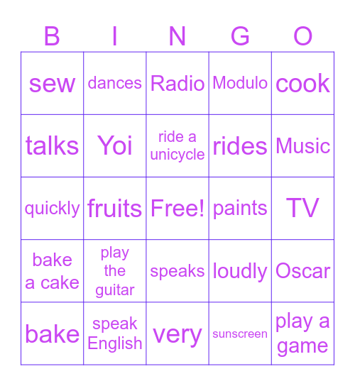 Activities Bingo Card