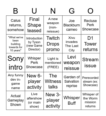 Into the Light Dev Stream 1 Bingo Card