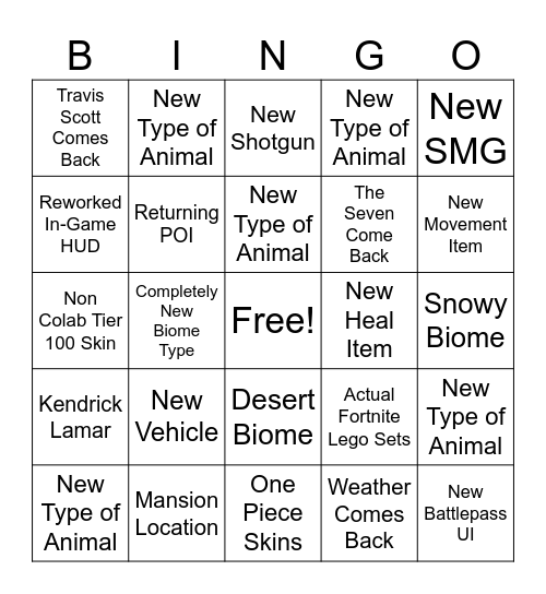 Fortnite Chapter 5 Bingo Card Bingo Card